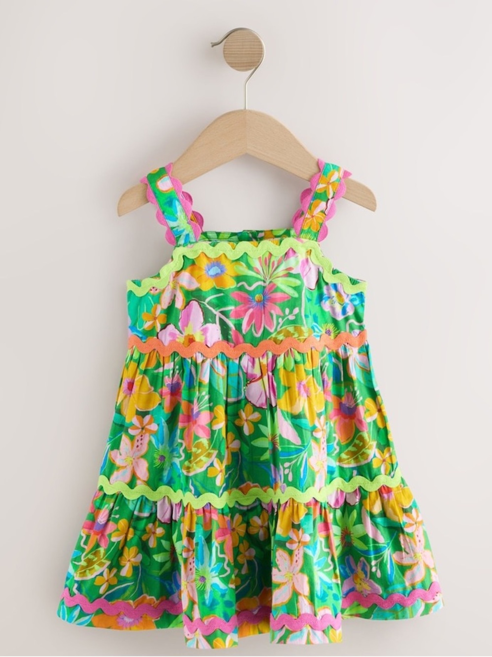 NEXT Bright Green Floral Tiered Sundress with Pink & Yellow Trim
